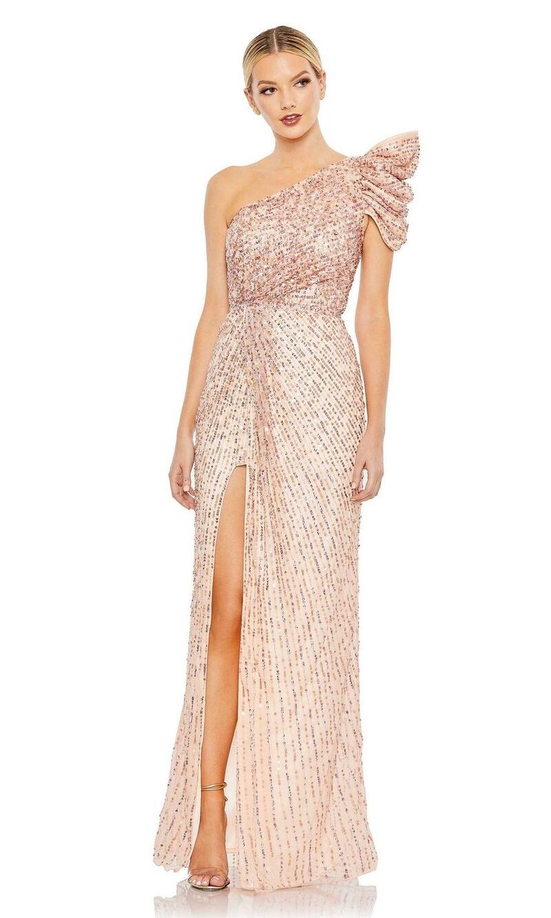 NWT Mac Duggal One Shoulder Puff Sleeve High Slit Sequin Dress Gown Size 4